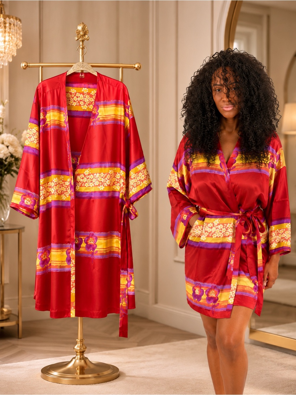 Vintage Josie | by Natori | Silky Kimono Robe | Red Floral Y2K NWT 97942A